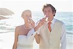 Young newlyweds drinking champagne linking arms at the beach