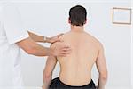 Rear view of a shirtless man being massaged by a physiotherapist over white background