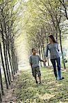 A woman and a young boy holding hands, walking in woods.