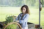 An organic fruit and vegetable farm. A young woman sorting vegetables.