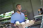 An organic fruit and vegetable farm. A man sorting vegetables.