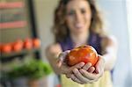 An organic fruit and vegetable farm. A woman holding a tomato.