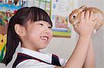 Schoolgirl holding pet rabbit in classroom