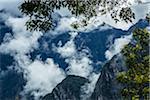 Overview of the Andes Mountains with clouds, at Machu Picchu in the Sacred Valley of the Incas, Peru