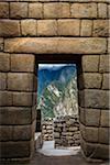 Close-up of stone walls and brick structures for doorways, Machu Picchu, Peru