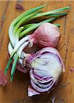 Sprouting shallots on wooden background, studio shot