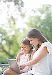 Mother and daughter using digital tablet outdoors