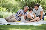 Multi-generation men with cell phone on blanket in grass