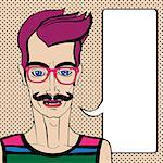 Hipster portrait with speech bubble, hand drawn illustration of a man with moustache and pink glasses over a background with dots