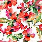 Watercolor illustration with Poppy flowers, seamless pattern