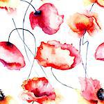 Colorful Poppy flowers, watercolor illustration, seamless pattern