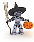 3D render of a Robot witch with pumpkin