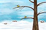 Black capped Chickadee birds on a tree. Winter illustration.