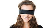 young female with black blindfold smiling closeup isolated on white