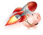 An illustration of a piggy bank with a rocket on his back flying through the air