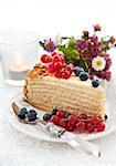 Piece of homemade honey cake decorated with fresh blueberries and red currants