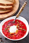 Ukrainian and russian national red borsch with sour cream