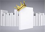 A white book and gold crown. Isolated render on a gray background