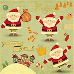Retro Merry Christmas and New Years Card with Santa Claus and Christmas Houses on a Vintage background. Vector illustration.