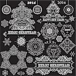 vector vintage Christmas highly detailed design elements: fir tree, balls, snowflakes, and frames, fully editable eps 8 file, standart AI fonts "rosewood std", "eccentric std"