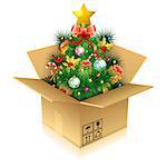 Christmas Tree with Candy, Fir Branches, Mistletoe, Gift in Cardboard Box, icon isolated on white, vector illustration