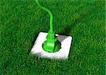 a green plug is connected into a white socket in a meadow of short grass