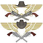 Abstract icon with a star and a shield with wings and a firearm. The illustration on a white background.