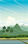 Tropical vector landscape with palms and mountains