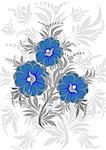 Illustration of abstract blue floral branch with grey background