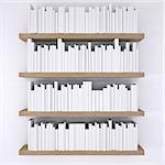 Wooden shelfs with books on white wall background. 3d render