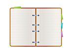 opened notebook with blank paper pages and color bookmarks