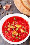 Ukrainian and russian national red borsch in a bowl