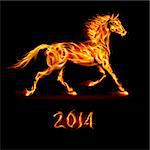 New Year 2014: fire horse on black background.