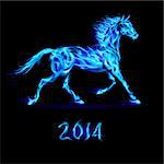New Year 2014: blue fire horse on black background.