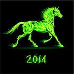 New Year 2014: green fire horse on black background.