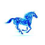 Illustration of running blue fire horse on white background.