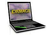 DAMAGE message on laptop screen in big letters. 3D illustration isolated on white background