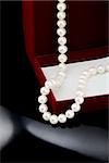 Pearl necklace lies on a red box on a black background.