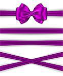 Violet ribbons with luxurious bow for decorating gifts and cards. Vector illustration