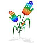 Peoples hands painted in the colors of the rainbow in the form of a flower plants. The illustration on a white background.
