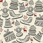 vector holiday  winter pattern with sledge, snowman, boxes, snowflakes, deers, and fir trees, seamless pattern in swatch menu