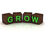 GROW inscription bright green letters on the cubes of chocolate isolated on white background