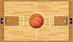 A realistic vector hardwood textured basketball court with basketball in the center court. EPS 10. File contains transparencies.