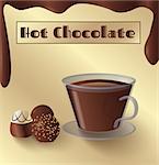 Cup of hot chocolate and small candy and melted chocolate