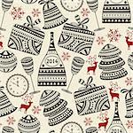 vector holiday  winter pattern with clock, champagne and glasses, fir trees, presents, deers, and snowflakes, seamless pattern in swatch menu