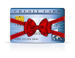 Credit or debit card design with red ribbon and bow. Vector illustration