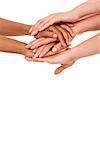 group of hands holding together on white isolated background