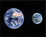 A comparison of the Planet Earth and a terraformed Mars on a slightly starry background.