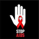 Stop AIDS sign with white hand and red ribbon on black background.