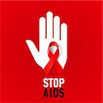Stop AIDS sign with white hand and red ribbon on red background.